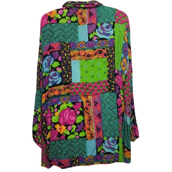 Vintage 90s Artsy Tunic Top Bold Colorful Geometric Button Front Blouse Large - Picture 7 of 9